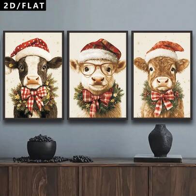 1/3pcs Modern Abstract Animals Wall Arts Decor, Cute Baby Cow Paintings On Canvas Oil Paintings, Christmas-Themed Art Posters, For Offices, Restaurants, Bars, Corridors, Bedrooms, Bathrooms, Living Rooms, Kitchens Decor, Wall Art Prints(No Frame)
