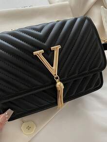 Korean Style Embossed Rhombus Letter Casual Handbag For Women, 2024 New Fashion Influencer Minimalist Shoulder Crossbody Square Bag - Black - View 9