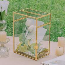 1pc Wedding Glass Card Box With Slots And Lock, For Weddings, Home Birthday Party Tabletop Decor, Gold, Transparent Envelope Glass Container (Tempered Glass) 8 X 5.5 X 11.3 Inches