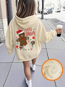 Christmas-Tween Girl Gingerbread & Candy Print Sweatshirt, Fleece Soft Top, Suitable For Autumn/Winter Daily Wear, Christmas Party, Streetwear Style, Fashionable Kids Autumn/Winter Top