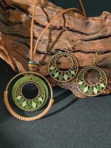 TopHanqi 3pcs Bohemian Style Antique Copper Tone Round Hollow Out Alloy Multicolored Rhombus Shaped Dripping Oil Pattern Layered Pendant Necklace & Earrings Set, Perfect For Ladies' Daily Life, Work, Travel, Street Snap, Theme Dress Up, Performance, Party All Seasons Wear, Fashionable Minimalist Design Exuding Personal Charm & Elegance - Multicolor - View 9