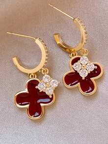 1 Pair Gold Plated Double Layer Four-Leaf Clover Zirconia C-Shaped Hoop Earrings, Elegant & Chic Earrings For Women - Gold - View 4