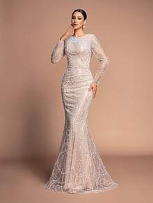 Alluring Women's Fitted Mermaid Maxi Dress With Exquisite Beading And Long Mesh Sleeves Round Neck Design - 杏色 - 查看 8