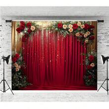 Red & Gold Curtain, Red & White Rose Design Background Cloth, Birthday, Bride, Party Decoration, Portrait Photography Studio Backdrop, Vinyl - Red - View 3