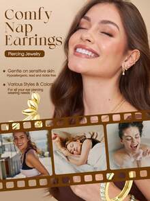 17Pcs 16G/18G/20G Threadless Flat Back Earrings 316L Surgical Steel Cartilage Earring Stacks Flatback Push In Nose Rings Studs Hypoallergenic Tragus Helix Conch Labret Medusa Piercing Jewelry - Style1-Gold - 查看 4