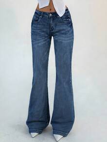 Women's Flare Jeans Y2K 90s Bootcut Low Rise Vintage Pants Denim Pants Bell Bottoms Spring Clothes - Xanh đậm - Xem 2