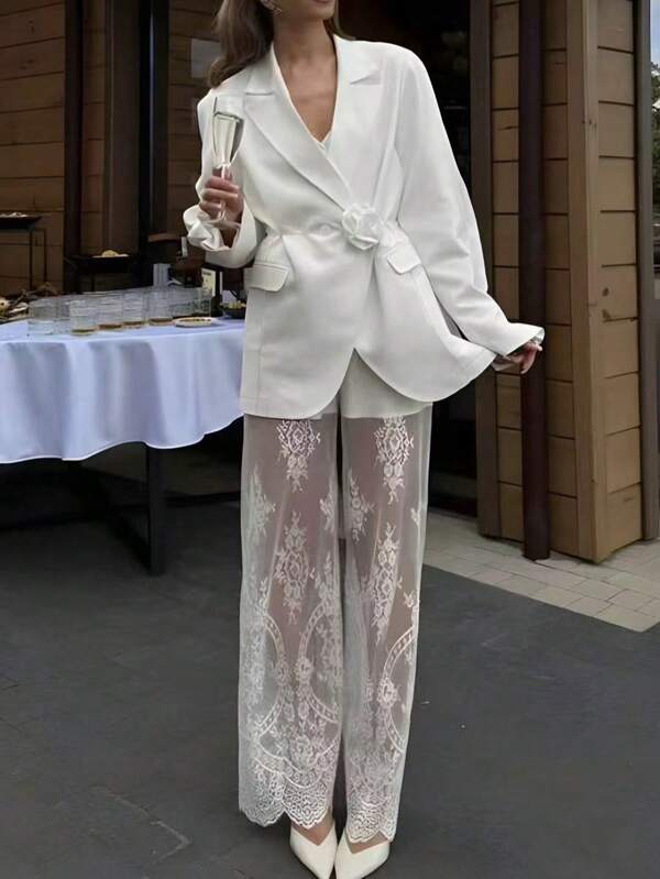 Women's Solid Color Padded Shoulder, Satin Floral Belt Elegant Blazer, Suitable For Wedding, Holiday, Formal Occasions