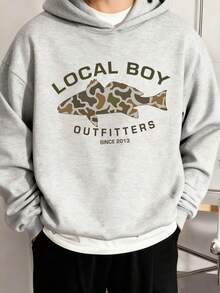 Tween Boy One-Piece Fish Print Casual Hooded Sweatshirt, Suitable For Young Students And Children, Autumn And Winter Long-Sleeved Top, Gift For Kids - Dark Gray - View 4