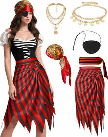 Brikabia Womens Pirate Costume Set With Pirate Head Scarf Eye Patch Necklace Waist Chain For Women Halloween Cosplay Outfi - đen - Xem 1