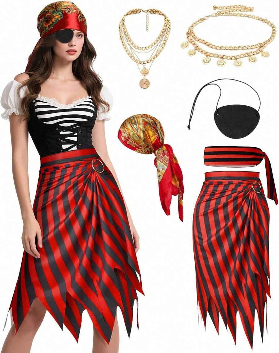 Brikabia Womens Pirate Costume Set With Pirate Head Scarf Eye Patch Necklace Waist Chain For Women Halloween Cosplay Outfi - đen - Xem 1