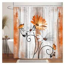 Rustic Farmhouse Shower Curtain, Farm Orange Daisy Floral Fall Flowers And Butterfly On Country Wooden Autumn Shower Curtain For Bathroom, Yellow Grey Gray Red Gold Curtain With 12PCS Hooks, 70X75IN - 多色584 - 查看 2