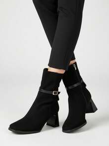 Maillard Brown High Heel Boots, Slimming, Stylish, High-End, Retro Square Toe Ankle Boots For Women, Chunky Heel, Autumn/Winter - Black - View 4