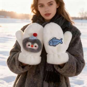 1 双可爱毛绒手套，女士保暖带内衬挂脖手套，冬季骑行防风全指连指手套