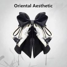 Large Chiffon Silk Hair Bow For Women Mesh Big Bows Hair Clips With Pearls Crystal Tulle Hair Barrettes Long Tail Bowknot Hair Accessories (Black And White)BlackandWhite - 黑白 - 查看 4