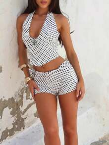 Franhais Polka Dot Shorts Sets Women 2 Piece Outfits Halter V Neck Backless Tank Top And Foldover Shorts Y2k Matching Set - 白色 - 查看 4