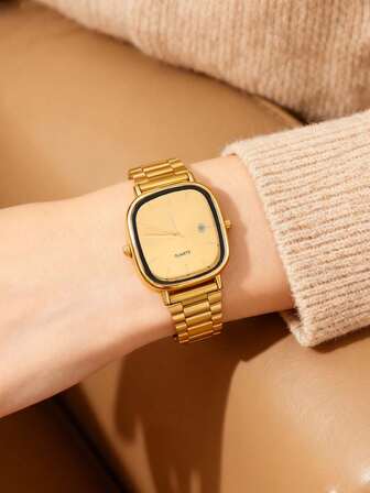 1 pièce Montre à quartz créative, décontractée et élégante avec cadran doré et bracelet en acier doré, convenant aux adolescents