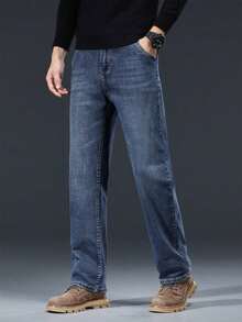 1 Pair Men's Business Casual Jeans - Slim-Fit Straight-Leg Office & Everyday Pants,High-Quality Non-Transparent Fabric For Formal & Casual Events - Easy Care, Refined Tailoring, Premium Stitching, Stylish Trousers, Professional Men - (32L) Stretch-Upgraded Fabric High-Waisted Style - 查看 4