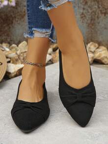 Wide Fit Women's Pointed Toe Low Heel Slip-On Flats With Bow Decor, Black, Casual & Comfortable Shoes For Spring/Summer, Overseas Large Size 36-43, Random Pattern