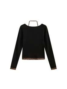 Women's U-Neck Backless Long Sleeve T-Shirt, American Sexy Style, Leopard Print Patchwork Button Design, Fashionable & Casual Fitted Cropped Top For Spring/Autumn