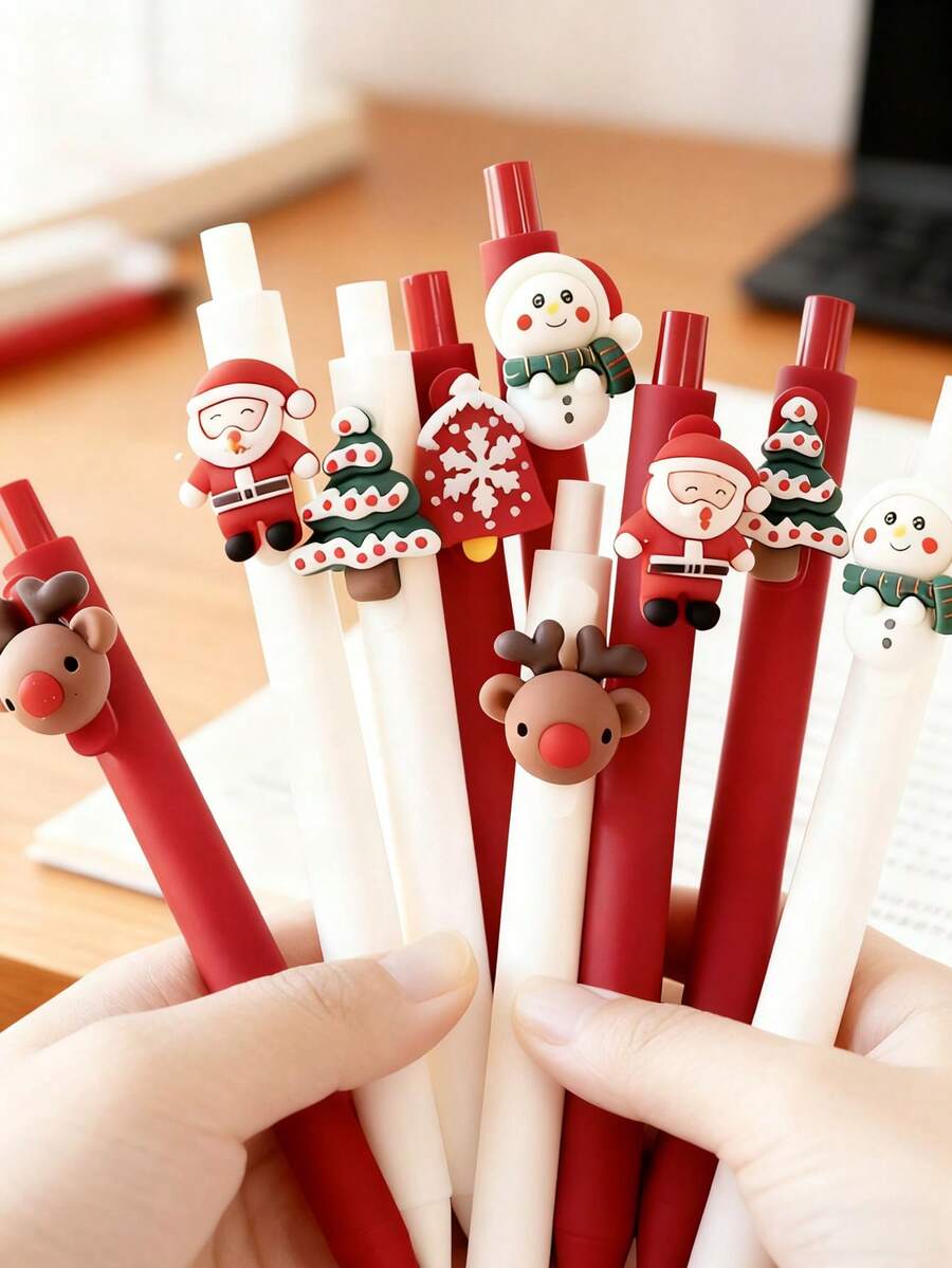 1 pix retractabil neutru cu presă de Crăciun, vârf de pix de 0,5 mm, negru, rechizite de birou, pixuri în formă de brad de Crăciun, cadou de papetărie pentru studenți, cadou esențial de Crăciun - Multicolor - Vizualizare 1