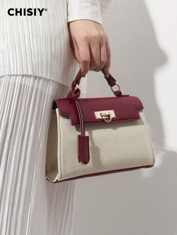 CHISIY 1pc Fashion Brown & White Patchwork Minimalist Style Handbag, Suitable For Business, Casual, Shopping, School, With Zipper, Shoulder Strap, Crossbody, Versatile Retro Charm, Elegant & Unique Style For Women, Suitable For Any Occasion