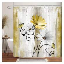 Rustic Farmhouse Shower Curtain, Farm Yellow Daisy Floral Flowers And Butterfly On Country Wooden Shower Curtain For Bathroom, Yellow Bathroom Shower Curtains With 12PCS Hooks, 70X84IN - 多色558 - 查看 2