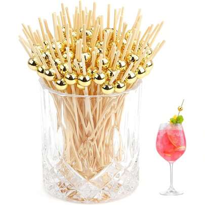 20/50/100/200pcs Gold Fruit Picks, Cake Skewers, Flower Picks, Fruit Sticks, Creative Art Toothpicks, Decorative Bamboo Sticks, Cake And Burger Art Forks, Suitable For Beverage Decoration, Dessert Picks, Birthday, Wedding, Party, Kitchen, Restaurant