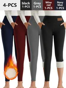 4PCS Ultra-Soft Leggings-Warm, Stretchy, High-Waisted, Plush Lining, Long Length, Casual, Comfortable, Women's Clothing-Perfect For Winter, Daily Wear Daily Wear Thick Winter Warm Thermal High Waisted Tummy Control Workout Yoga Pants - 4件 - 查看 1