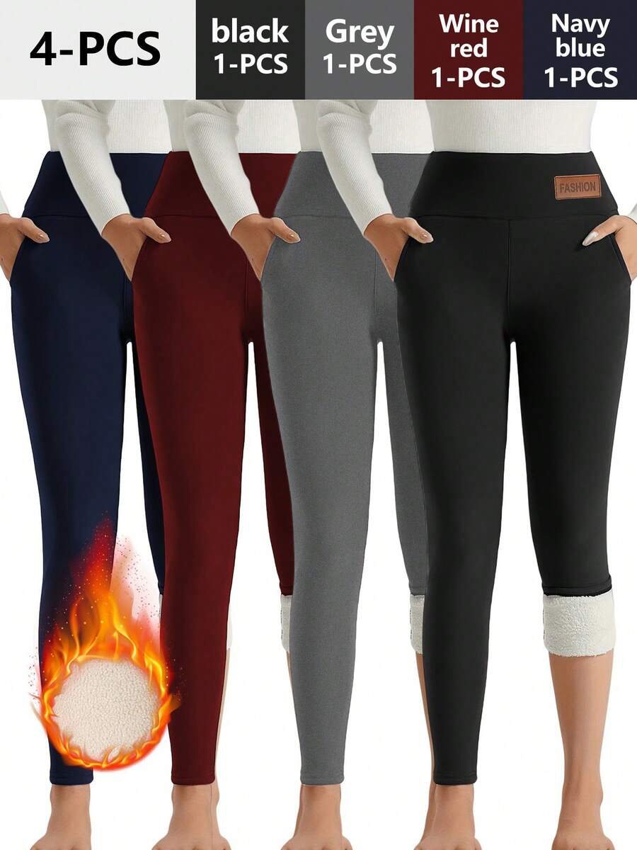 4PCS Ultra-Soft Leggings-Warm, Stretchy, High-Waisted, Plush Lining, Long Length, Casual, Comfortable, Women's Clothing-Perfect For Winter, Daily Wear Daily Wear Thick Winter Warm Thermal High Waisted Tummy Control Workout Yoga Pants - 4件 - 查看 1