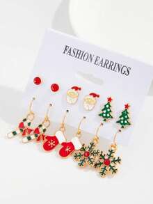 Christmas Tree Earrings Set, Oil-Dripping Snowflake Elk Pendant Stud Earrings, Bow Christmas Cap Earrings Colorful Christmas Tree Earrings, Christmas Party Earrings - Gold - View 9