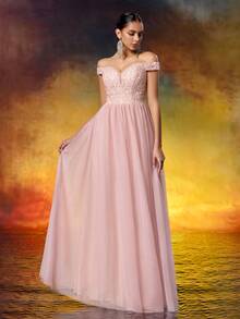 Women's Embroidered One-Shoulder Evening Dress, Elegant Formal Gown Suitable For Formal Dinners, Birthday Parties, Celebrations And Other Occasions - Dusty Pink - View 5