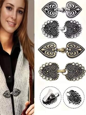 4pcs Alloy Shawl Clips, Sweater Clips, Scarf Clips. Suitable For Cardigans, Shawls, Scarves, Dresses, Etc. No Sewing Required. Simple And Practical, Retro, Elegant And Fashionable