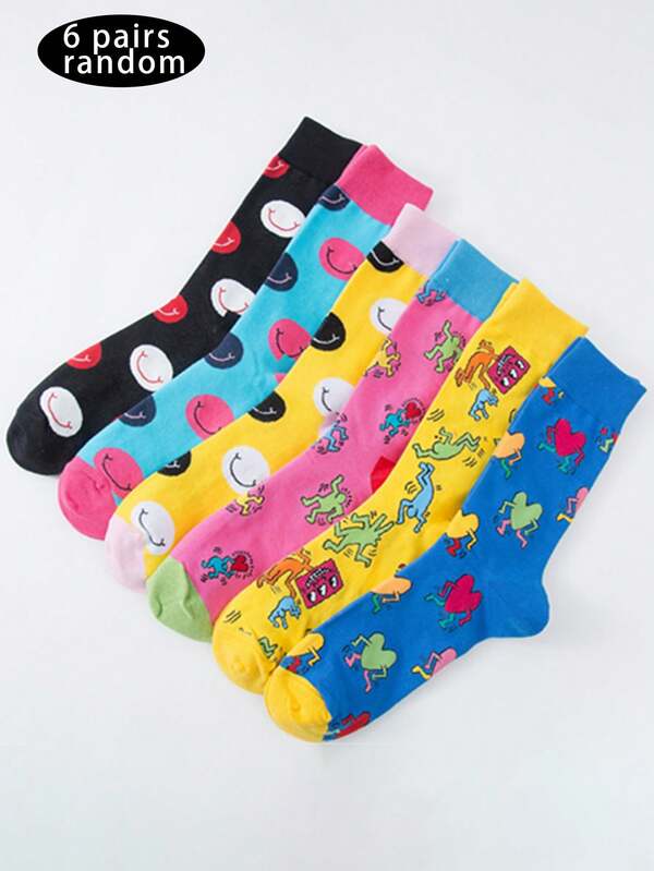 6 Pares de Meias Sorriso Cartoon Cano Médio, Meias Coloridas, Meias Cano Médio Unissex, Meias Casuais Cano Médio-Alto para Todas as Estações