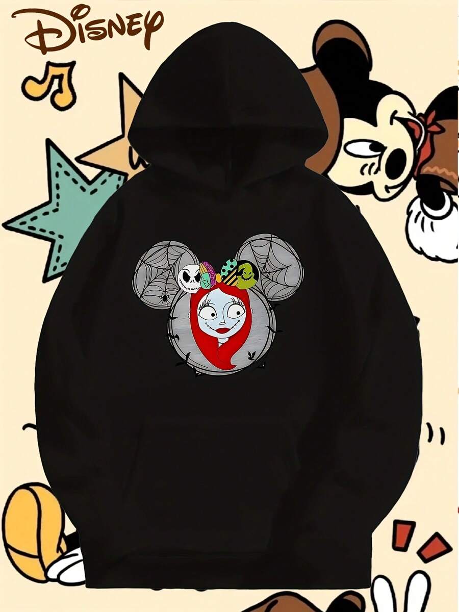 Women's Nightmare Before Christmas  Hooded Sweatshirt - Tim -Inspired Gothic Design With Sally & Zero, Soft Long Sleeve Pullover, Machine Washable Casual Winter Sweater For Themed Events & Casual Attire - 黑色 - 查看 1