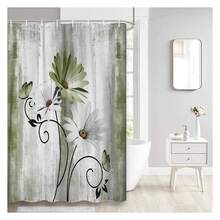 Rustic Farmhouse Shower Curtain, Farm Sage Green Daisy Floral Flowers And Butterfly On Country Wooden Forest Green Shower For Bathroom, 36X70IN - 多色583 - 查看 1