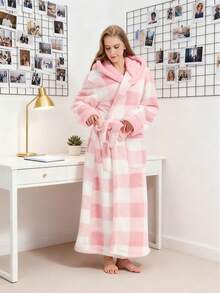 3/1 件女士纯色羊毛提花休闲睡袍，秋冬保暖内衬连帽宽松长袖法兰绒浴袍带口袋，睡衣，舒适法兰绒，圣诞节必备，睡袍，保暖防寒，非常适合家居装饰，冬季保暖，圣诞礼物，生日礼物，室内装饰 - 彩色 - 查看 5