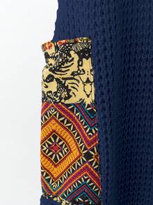 Plus Size Casual V-Neck Random Print Pocket Knit Sweater Dress Spring - Royal Blue - View 5