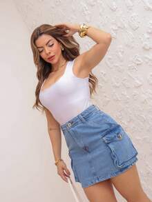Women's Denim Skirt With Side Slits And Large Pockets 2021 Pengmoda2 - Medium Wash - View 2