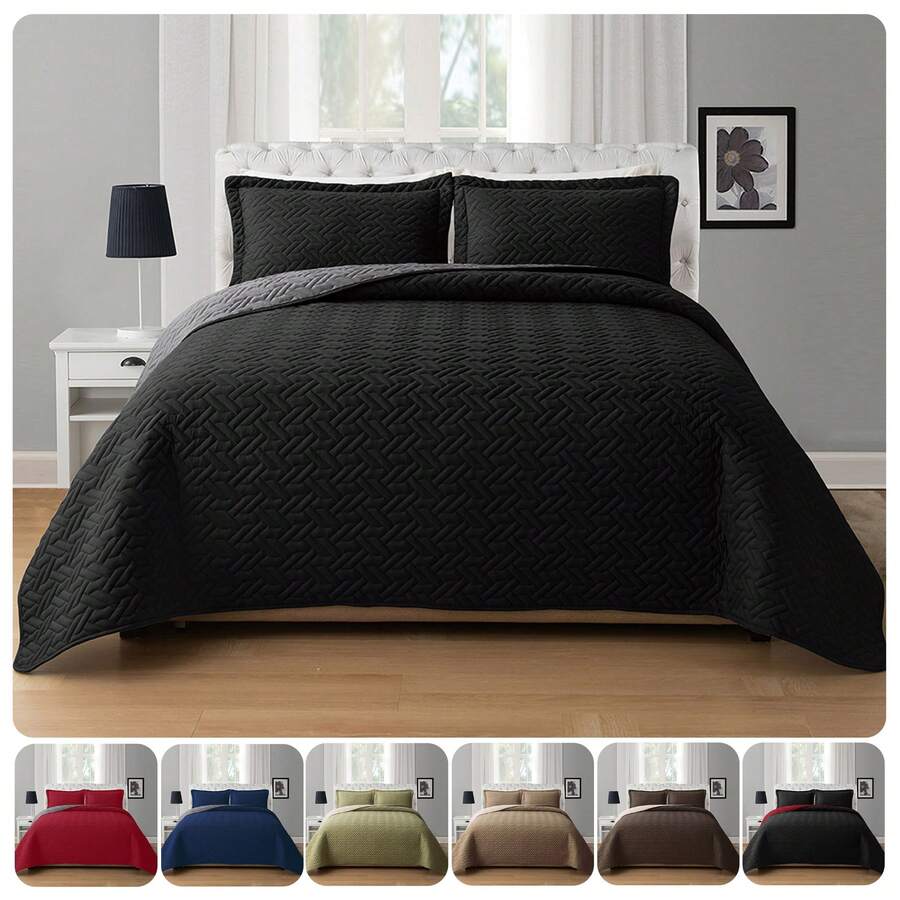 Elegant Comfort 3pcs Majestic Quilt Set Bedspreads, Ultra-Soft Comfortable Bedspread With 2 Pillow Shams Bedding, Machine Washable, Quilted Reversible Bedspread Coverlet Set, Full/Queen, King/California King And Twin/Twin XL Size Bed For All Seasons, Christmas Decorations Gifts, Cozy Winter Styles, Holiday Décor - 黑色/灰色 - 查看 1