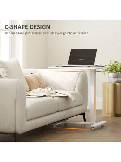 HOMCOM Height Adjustable Office Chair, Shaped Desk, Space Saving Laptop Rolling Desk/Side Table, Ideal Or Living Room, White, Maximum Load 70 Kg, 65 48 110 Cm