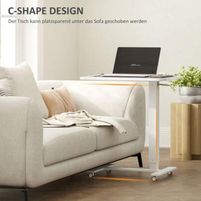Cadeira de escritório HOMCOM com altura ajustável, mesa em formato de C, mesa para laptop que economiza espaço, mesa/mesa lateral com rodinhas, ideal para escritório ou sala de estar, branca, carga máxima de 70 kg, 65 x 48 x 70-110 cm | HOMCOM