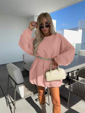 女士标准尺码纯色休闲宽松卫衣连衣裙（不含腰带）