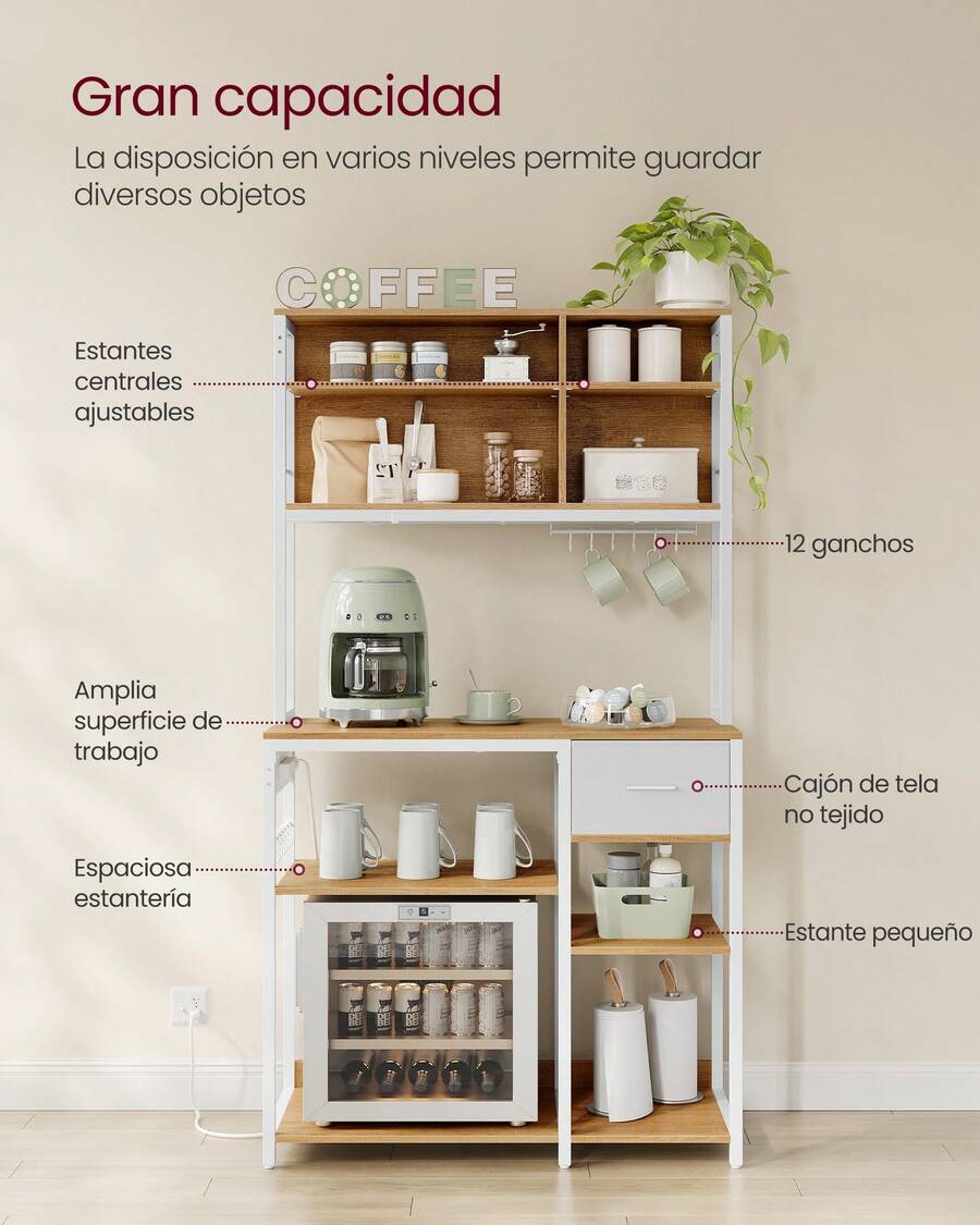 VASAGLE Estantería de Cocina con Multienchufe, Armario de Cocina, 40 x 100 x 180,4 cm, Estante de Microondas, Cajón de Tela, 12 Ganchos, Roble Dorado y Blanco Nube - Caqui - Ver 1