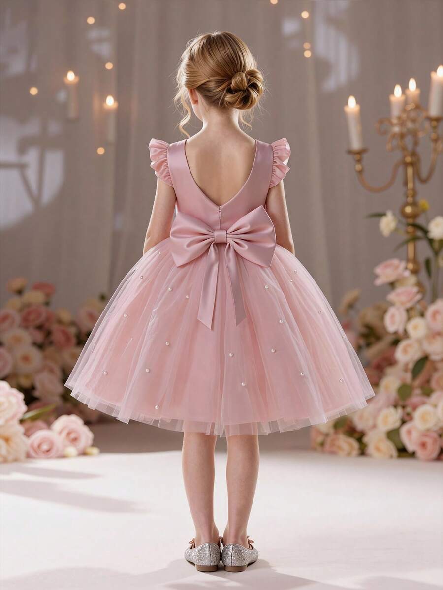 Young Girl Ruffled Tulle Party Dress Elegant Princess Style, Suitable For Birthday Party, Valentine's Day, Prom, Casual Daily Wear, Music Performance Flower Child Thanksgiving Dress Graduation - 粉色 - 查看 1