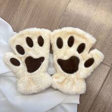 一双可爱猫爪露指手套，加厚保暖防寒毛绒手套，适合冬季女孩日常佩戴，带绳子 - 彩色 - 查看 20