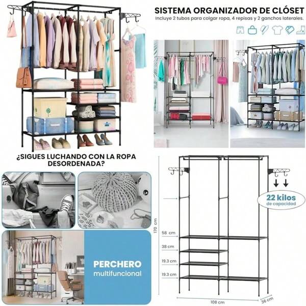 Rack Organizador Ropa Perchero Colgador Closet Doble Armable ()(Negro)