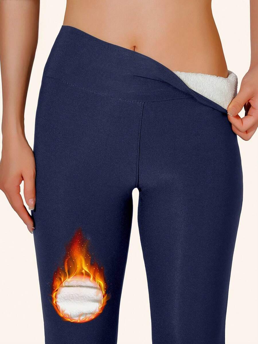 1pc Sport Solid Sherpa Plush Lining Leggings, Casual Stretchy Long Length High Waist Leggings, Women's Clothing - Màu xanh hải quân - Xem 1