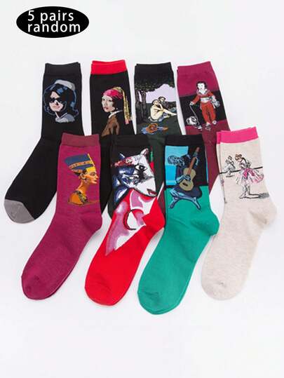 5 Pares de Meias Crew Unissex, Meias Alegres Casuais, Série de Pintura Colorida Design de Personagem Meias Crew Casuais para Homens