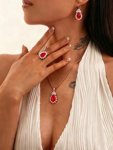 Teardrop Jewelry Set, Necklace And Earrings Customized With Colorful Rhinestones, Bridal Jewelry Set. - Red - View 2
