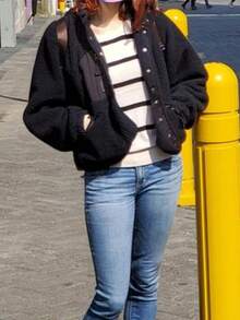 Women's Pellet Fleece Jacket,Soft Fuzzy Long Sleeve Short Winter Coat,Button Down Cozy Plush Outerwear - 黑色 - 查看 3